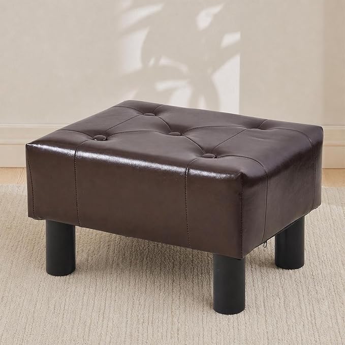 Small Foot Stool Ottoman, Faux Leather Footstool Ottoman Foot Rest for Couch, Rectangle Footstools and Ottomans Small for Living Room, Entryway and Bedroom (Brown)