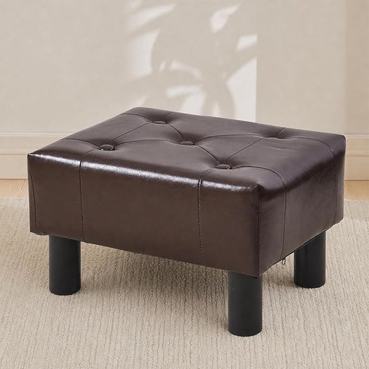 Small Foot Stool Ottoman, Faux Leather Footstool Ottoman Foot Rest for Couch, Rectangle Footstools and Ottomans Small for Living Room, Entryway and Bedroom (Brown)
