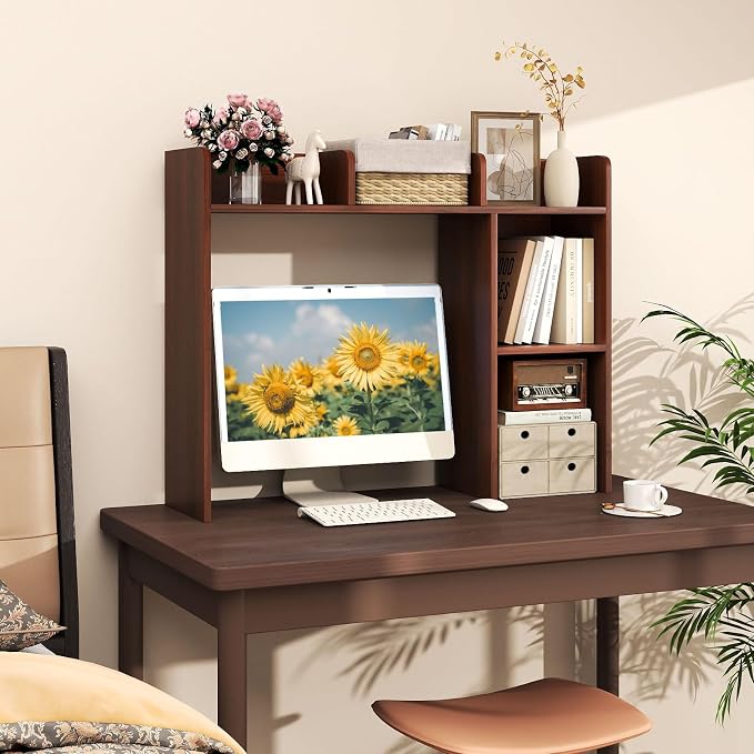 Giantex Desktop Bookshelf, Wood Desk Hutch Organizer for 27 Inch Computer Monitor, Countertop Storage Display Rack with 5 Shelves, Multipurpose Desktop Shelf Bookcase for Dorm Office Home, Walnut