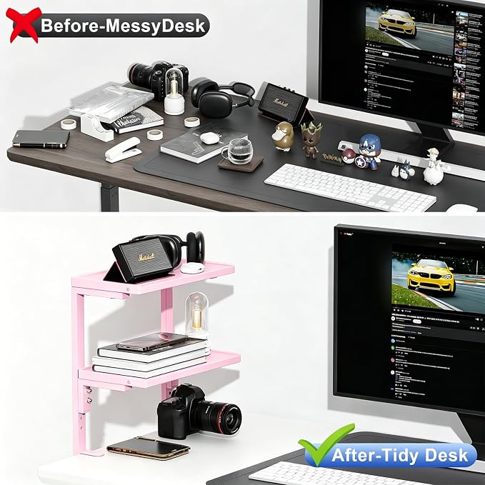 2-Tier Desk Shelf, Expandable Under Desk Storage, Clamp on Desk Shelf, Desktop Accessories for Offices, Study Rooms, and Game Rooms (Pink)