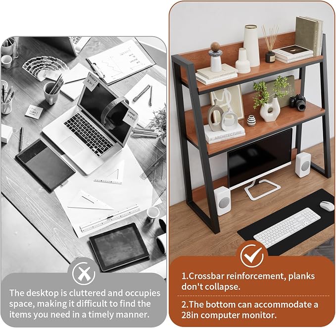 AQQHSAIN Desktop Hutch Shelf 2-Tier Ladder Bookshelf Computer Bookcase Wooden Desktop Display Rack Multipurpose Desk Hutch Top Only for Home Office Dorm Use (Brown, 55CM)