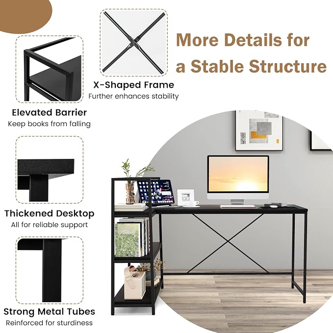 Tangkula Reversible L-Shaped Computer Desk, Space Saving Corner Desk with 3-Tier Storage Shelves & Metal Frame, Modern Executive Home Office Desk, PC Laptop Desk Workstation for Small Space (Black)