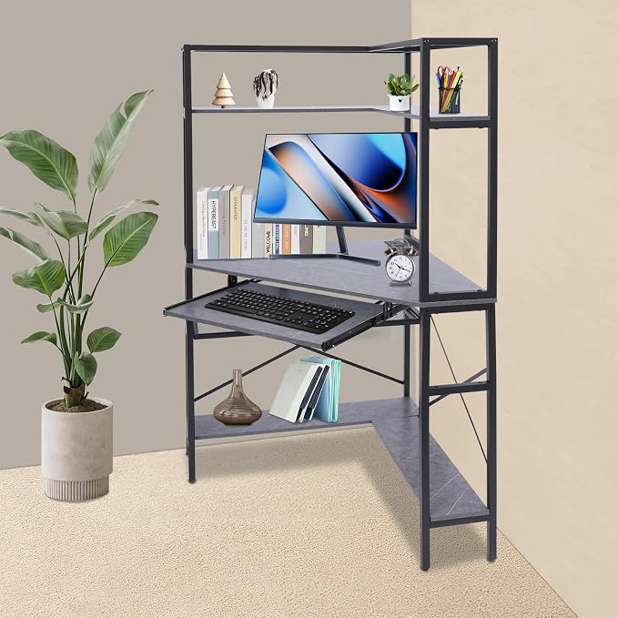 Corner Desk, Corner Computer Desk with Power Outlets, 29.5x29.5x60in Gaming Desk with LED Light Strip & Storage Shelves for Home Office and Small Space (Gray)