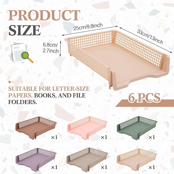Geetery Set of 6 Plastic Trays for Teachers Turn in Trays Classroom Stackable Paper Tray Plastic Classroom Teachers Desk Letter Organizer Storage Baskets for Office, Desk, Home (Terrazzo Color)