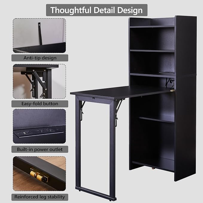 Foldable Desk with Storage,Hidden Desk with Built-in Socket,Fold Out Writing Table for Small Spaces,Home Office and Bedroom (Black)