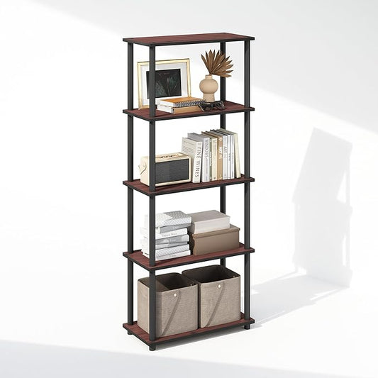 Furinno Turn-N-Tube Book Shelf, 5-Tier Bookshelf, Bookcase with Multipurpose Compact Display Rack, 11.6 x 23.6 x 57.4, for Living Room, Bedroom, Home Office, Dark Cherry/Black