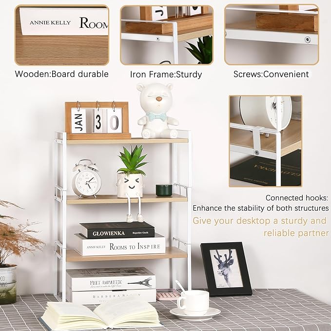 YGYQZ Wood Office Desk Shelf Organizer - Desktop Supplies Cute Dresser Top Organization Storage Rack and Cubicle Decor Aesthetic Bookshelf for Women Man and Kids
