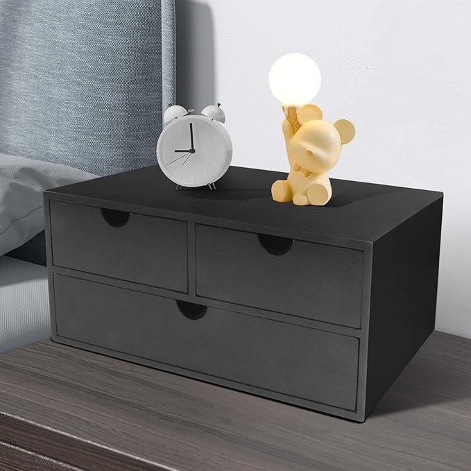 Charmewooden desk organizer with drawers countertop drawer organizer Tabletop Storage Organization Box Home Office Workspace Bathroom Toiletries Supplies (black)