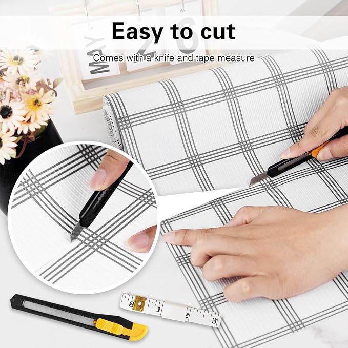Drawer and Shelf Liner for Kitchen Cabinet,Non-Adhesive Cabinet Liner 24in x 10FT,Waterproof Shelf Paper Non-Slip Mats Cupboard Liners Contact Protect Dresser/Shelves/Table-White Stripes