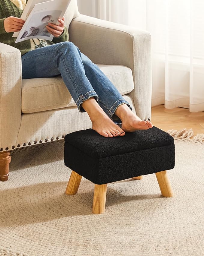YMYNY Storage Ottoman,Small Foot Stool, 15.75"×11.81"×11.02" Black,HBD042B | Teddy Velvet,Sturdy Wood Legs, Foot Rest With Padded Seat, For Living Room Bedroom Couch Entryway