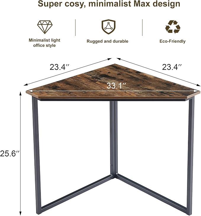 VECELO Ϲоrnеr Desk, Corner Tables for Living Room for Small Space Triangle Computer Desk with Steel Frame Ϲоrnеr Shelves with Metal Frame Ϲоrnеr Writing Desk for Workstation Brown 33.1"