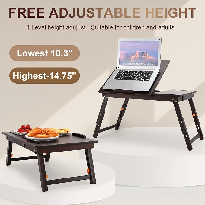 Nnewvante Laptop Desk, Height & Angle Adjustable Lap Desk Bed Tray Table, Foldable Laptop Table with Drawer, Mouse Pad, Tablet & Phone Slots for Working Reading Writing Eating, Black Walnut
