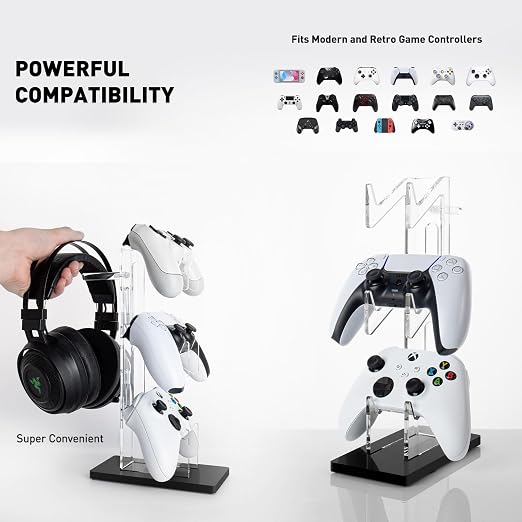 OAPRIRE Controller Stand Headset Stand, 3 Tier Acrylic Gaming Controller Holder Compatible with PS4, PS5, PC, Xbox, Universal Design (Black)
