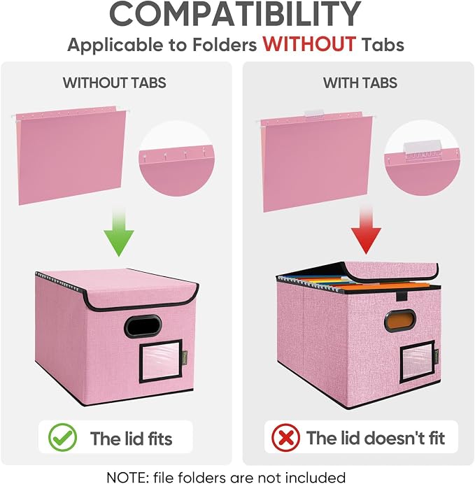 BALEINE File Organizer Box with Lid, Collapsible File Folder Organizer with Plastic Slide, Hanging File Folder Box for Office Document Storage (1 Pack, Pink)