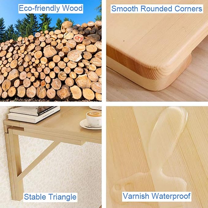 MM MELISEN Fold-Away Wall Table - Natural 31.4x23.6 Inch Wood Table that maximizes Space. Creates Instant Counter Space in Laundry, Kitchen, or Workshop. Ideal for Apartments and dorms