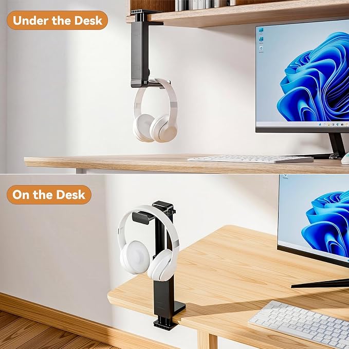 Headphone Stand & Hanger for Desk, 2 in 1 Above & Under Desk Gaming Headset Holder Mount with Height Adjustable & Rotating Clamp, Dual-sided Anti-slip Pad Earphone Rack with Cable Clip Headphone Cases