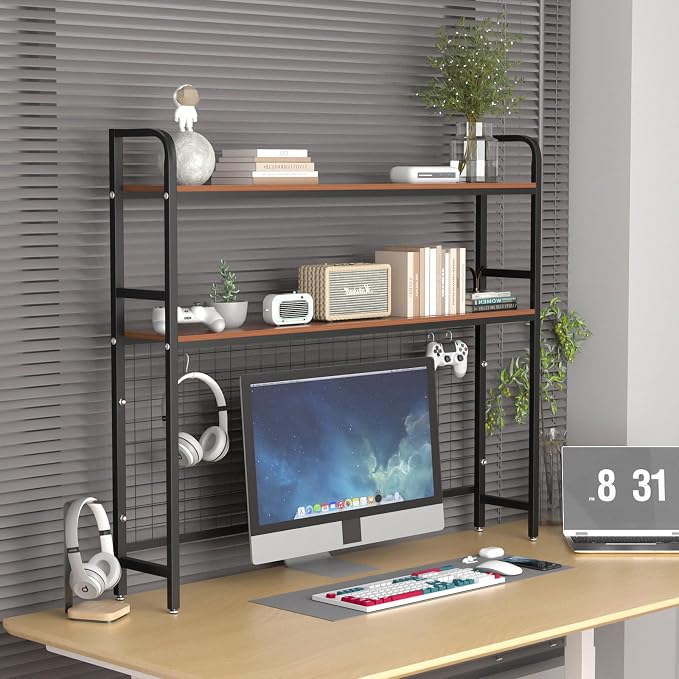 GCCSJ Bookshelf for Desk，2-Tier Desktop Bookshelf Organizer，Multifunctional Desktop Bookcase with Metal Frame & Wood Shelves，Perfect for Organizing Books, Magazines, Office Supplies - Black