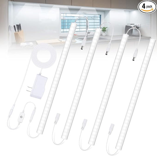 Under Cabinet Lights Plug-in Cold White 6000K, Dimmable LED Under Cabinet Lighting, 4pcs 12 Inch Under Counter Lights for Kitchen with Memory Function, LED Light Bar for Closet, Pantry, Workbench
