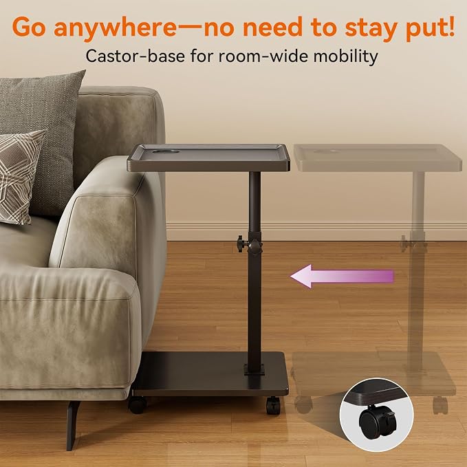 IBUYKE C Shaped Side Table Height Adjustable, 360° Swivel TV Tray Table with Wheels, End Table for Small Spaces,Living Room,Small Bedside Table for Eating, Dinner or Laptop,Black UTVT007B