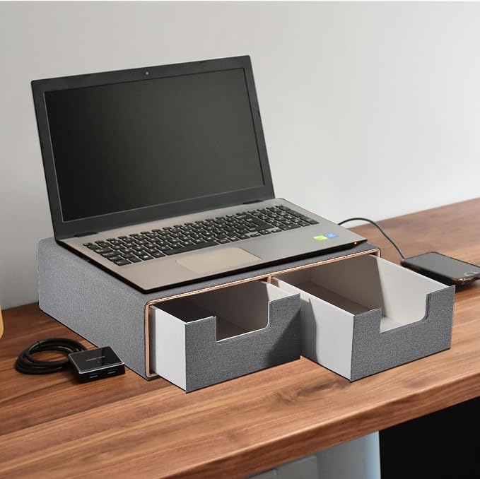 Pu Leather Stackable Desk Drawer Organizer,2-Drawers Desk Caddy for Office Bathroom Bedside Table Dressing Table,Grey