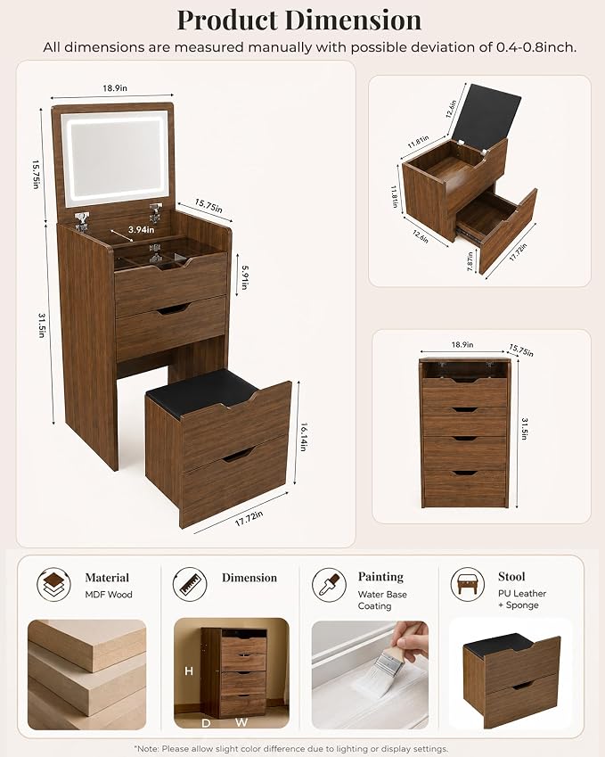 Small Vanity with Mirror and Lights for Small Space, 3-in-1 Compact Makeup Vanity Desk with Storage, Flip Top Vanity Table with Hidden Stool, 3 Color Mode, Drawers & Jewelry Organizer, Mini Vanity Set