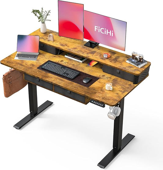 FiCiHi Electric Standing Desk with Four Drawers, 48 x 24 Inch Adjustable Height Sit Stand Desk, C-Clamp Compatible Home Office Desk with Storage Shelf & Monitor Stand Riser, Rustic Brown