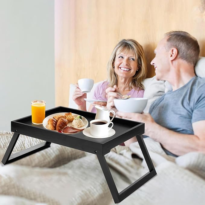 Bamboo Bed Tray Table with Foldable Legs, Breakfast Tray (Black) | Laptop Desk with Folding Legs for Bed or Sofa,Food,Dinner, Serving,TV Table,Kitchen,Eating,Working