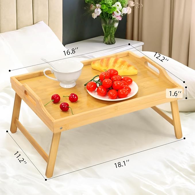 2 Pack Bamboo Bed Tray Table, Folding Legs and Handles, Breakfast Tray, Laptop Desk for Bed or Sofa, Serving Tray for Eating, Working, Reading,Picnic