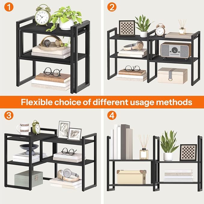 HOOBRO Desk Shelf Organizer, Adjustable Desktop Bookshelf, 2-Tier Shelf for Top of Desk, Wooden Office Storage Rack, for Office, Study, Kitchen, Dorm, Black BB39SJ01