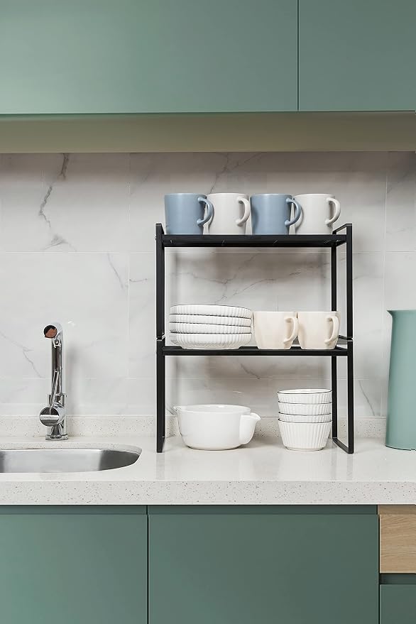 Shantton 2Pack Cabinet Shelf Organizer Storage Rack Space Saving for Kitchen Counter Pantry Bathroom Cupboard Under Sink Office Table Steel Stackable Rust Resistant Heavy Duty Nonslip 16” Black - Tall
