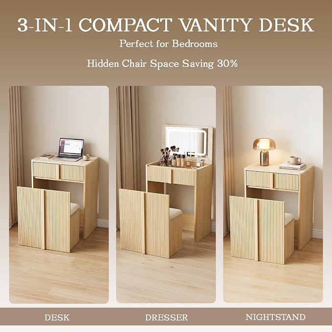 3-in-1 Small Vanity Desk with Drawers & Stool, Compact Makeup Vanity Dresser Set with Ample Leg Room, Sturdy 24" nightstand with Mirror Bedside Table Combo for Bedroom Small Space,Oak