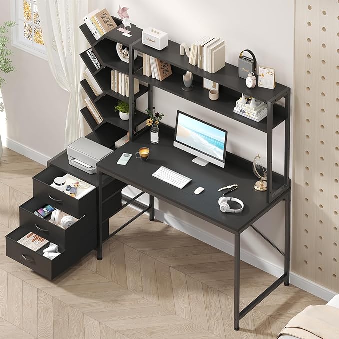 YOMILUVE Reversible Computer Desk with Hutch, Home Office Desk with Drawers and Bookshelf, 52'' Study Writing Desk with Storage Shelves for Bedroom Home Office, Black