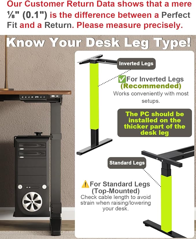 Under Desk PC Mount - No Drilling 40 lb Capacity, CPU Holder Under Desk, Adjustable Height and Width, Clamp-on Desk Leg PC Mount for Standing Desk (Fits 80mm×50mm Legs only), with Non-Slip Pads, White