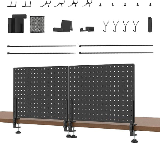 HUHOLE 32 x 12 Inch Clamp On Desk Pegboard Complete Kit | No Drill Metal Privacy Panel and Organizer with Accessories for Home Office, Gaming Setup, Cables and Supplies