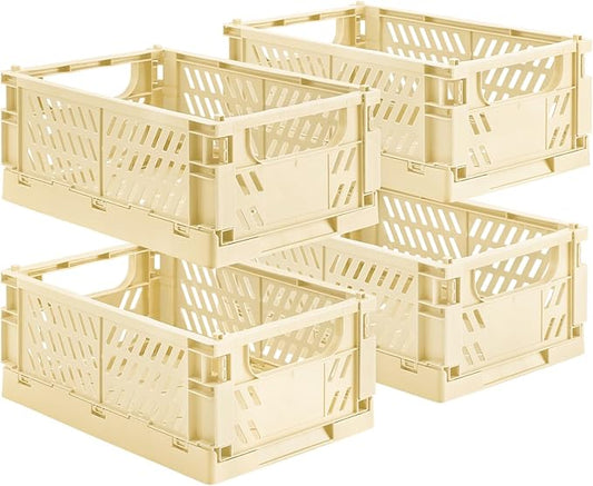 HUUSMOT 4-Pack Small Pastel Plastic Storage Baskets, Collapsible Crates for Organizing, Space-Saving Mini Bins for Classroom, Kitchen, Office, Bedroom (Yellow, 9.8" x 6.5" x 3.8")