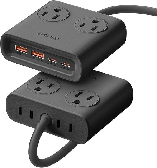 ORICO Power Brick, 25W GaN Power Strip, 8 in 1 Extension Cord with 4 AC Outlets and 2 USB-A and 2 USB-C Ports, 5ft Flat Plug Black Outlet Extender for Home/Dorm/Travel ETL Listed-PDC (1 PC)