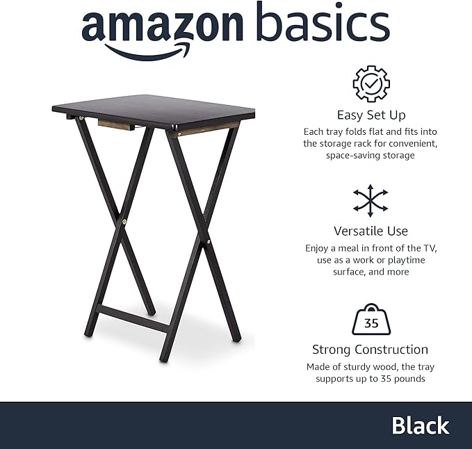 Amazon Basics Portable Foldable TV Tray Table with Storage Rack, Space-Saving Design, 15" x 19" x 26", Black, 4-Pack