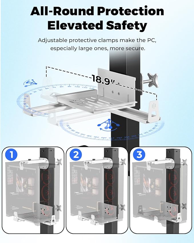 JOY worker No Drilling Under Desk PC Mount for Standing Desk, Clamp-On Desk Leg Computer Mount with Extra Protective Arms, Adjustable Computer Case CPU Holder Holds Up to 44lbs, White