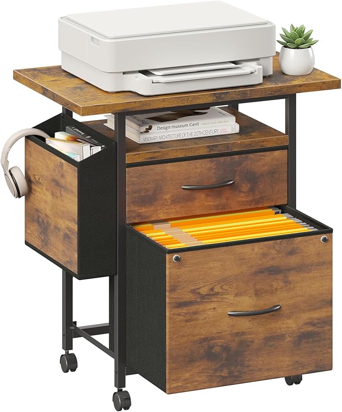 DUMOS 2 Drawer Mobile File Cabinet, Rolling Printer Stand with 24'' Wide Desktop, Fabric Drawer Cabinet Under Desk Fits A4/Letter Size, Printer Cart with Storage Side Bag for Home Office, Rustic Brown