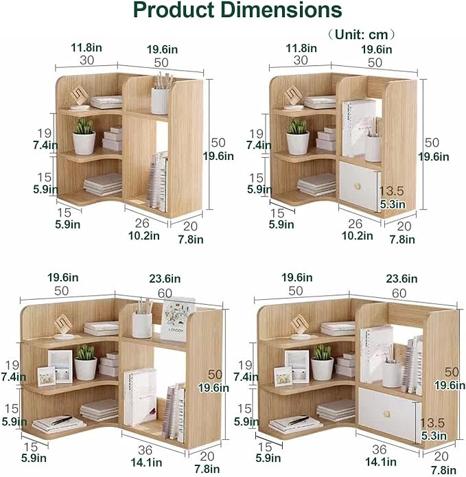 3-tier Corner Desktop Organizer Shelf, Wooden Desktop Bookshelf with Drawers, Multifunctional Desk Hutch Dorm, Desk Display Rack, Cube Storage Organizer Bookcase(White B-r,19.6x11.8x19.6'')