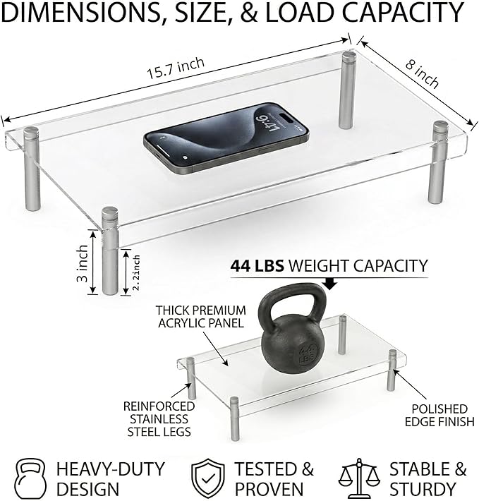 Clear Acrylic Riser, Display Stand, Large Transparent Monitor Riser Stand Acrylic Shelf with Non-Slip Feet, Desktop Organizer for Collectibles, Figurines, Cosmetics, Multifunctional Stand