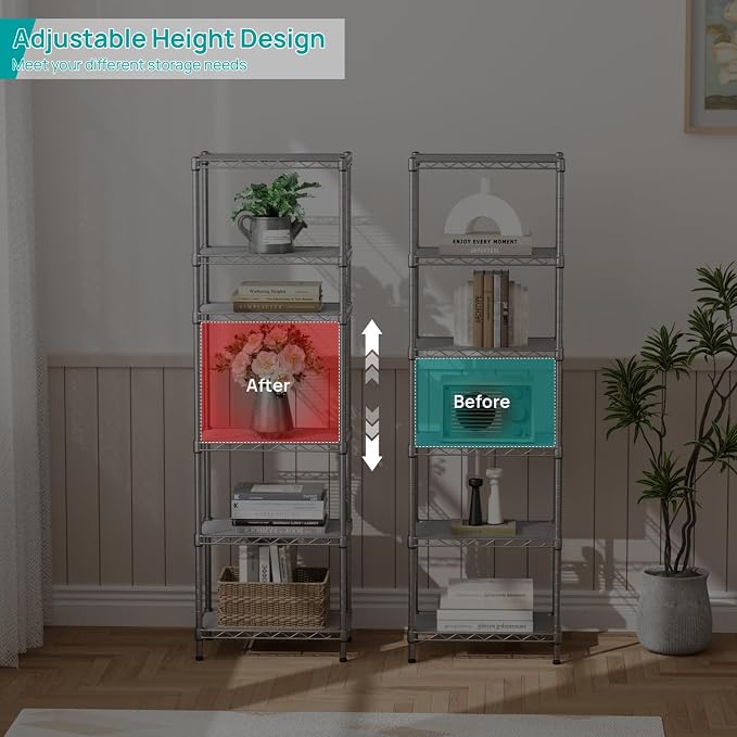 SINGAYE 6 Tier Shelf Wire Shelving Adjustable Storage Shelves Rack Standing Units for Kitchen Closet Laundry Bathroom Organizers Metal Pantry Narrow Mesh Gaps 10" D x 16" W x 60" H Gray