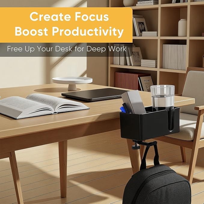 4-in-1 Clip On Desk Cup Holder, Fits up to 40oz cups - Mountable Holder with Adjustable Divider & 360° Rotating Hook - No Spill Clamp On Drink Holder Attachment - for Desk Chair Table Bed Tray - Black