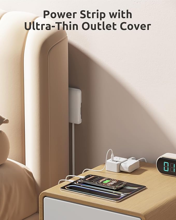 NUTICT 3FT Short Extension Cord with Outlet Cover, Flat Plug Power Strip with 3 Outlets & 3 USB-C & 1 USB-A Port, Wall Mountable, Flat Face Outlet Extender Hidden Behind Couch, Bed, Desk, White