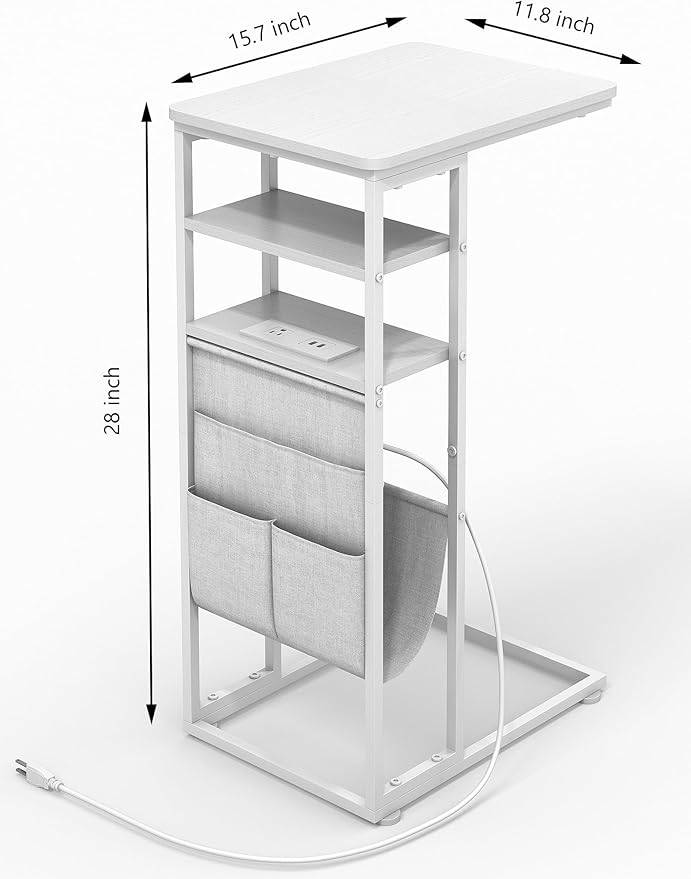 C Shaped End Table with Charging Station, 28"(H) 3-Tier C Table with Storage Bag, Under Couch Table C-Shaped End Table with Storage Shelves and Bag for Living Room, Bedroom, or Office