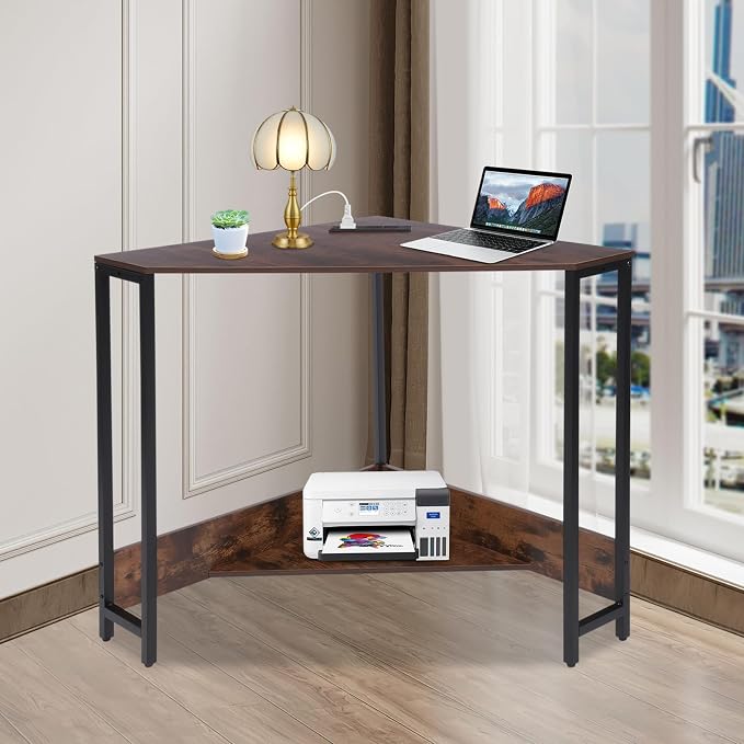 Corner Desk with Outlets and USB Ports, 26.77x26.77x29.53in Triangle Desk with Storage for Home Office, Workstation, Living Room, Bedroom, Small Space (Brown)