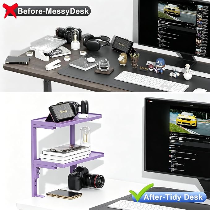 2-Tier Desk Shelf, Expandable Under Desk Storage, Clamp on Desk Shelf, Desktop Accessories for Offices, Study Rooms, and Game Rooms (Purple)