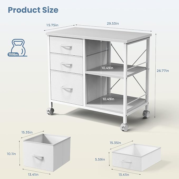 OLIXIS 3-Tier Printer Stand with Fabric Storage Drawer, Rolling Printer Cart with Lockable Wheels and Metal Frame, Under Desk Table with Open Storage Shelf for Small Spaces, Home, Office, White