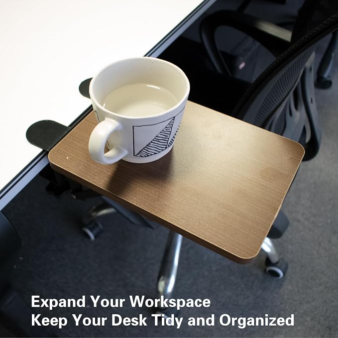 Ergonomic Desk Extender Tray, 9.8 x 6.9 Inch Clamp on Table Mount Arm Wrist Rest Shelf, 90° Foldable Mouse Support, Computer Elbow Arm Support for Office Cubicles, Home Study (Walnut)