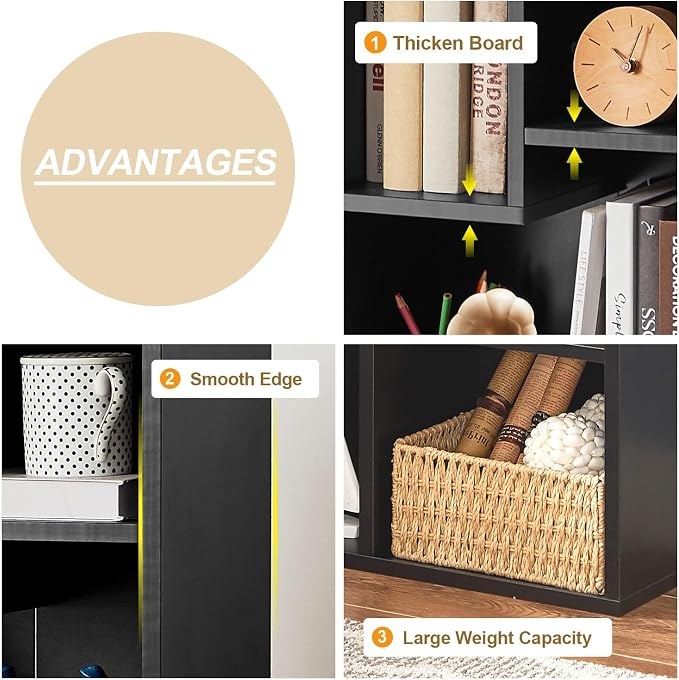 VECELO 15.7" Open Bookshelf, Waterproof Particle Board Asymmetrical Split Cubby Storage Organizer, Black Uneven Compartment Display Cube for Tall Books, Bedroom Dorm Office